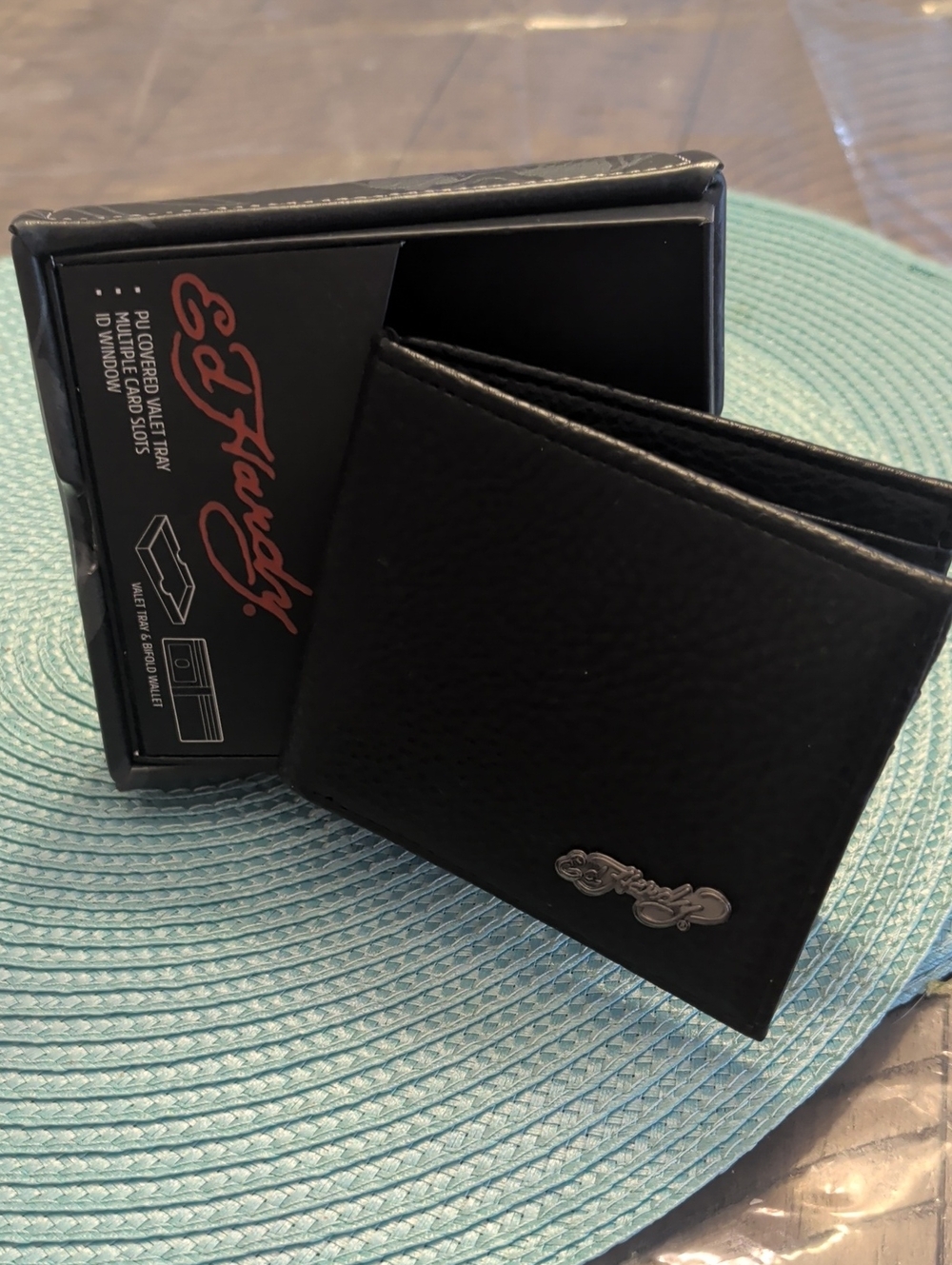 Ed Hardy Black Men’s Bifold Wallet with Silver Logo Accent